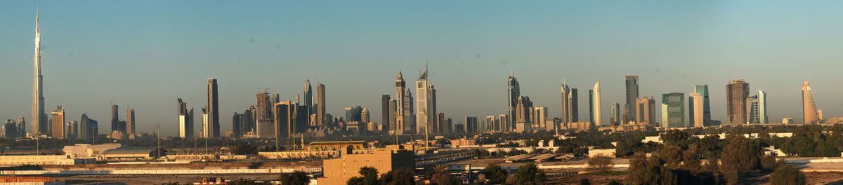 Panoramic view of city buildings against clear sky