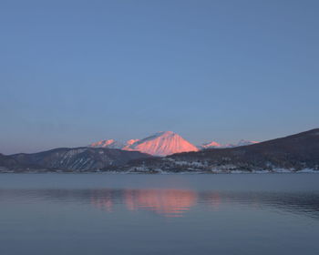 Scenic view of lake by mountain against sky