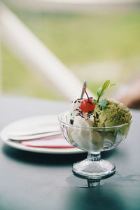 Close-up of ice cream in bowl on table