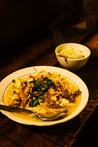 High angle view of meal served on table