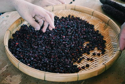 High angle view of berries in basket