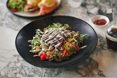 High angle view of food in plate on table