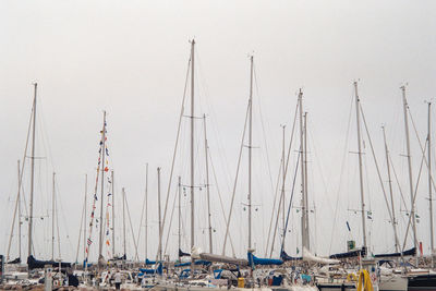Sailboats moored in harbor against clear sky