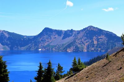 Scenic view of lake and mountains against blue sky