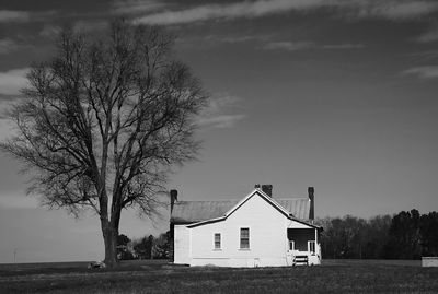 Bare tree by house on field against sky