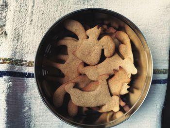 High angle view of cookies in bowl on table