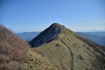 Scenic view of mountains against clear blue sky