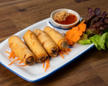 High angle view of food in plate on table