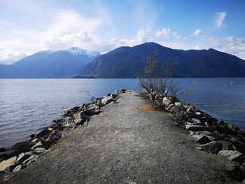 Scenic view of lake and mountains against sky