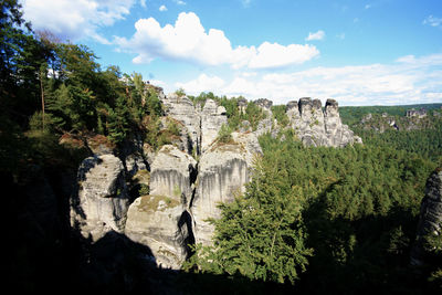 Panoramic view of trees and rocks against sky