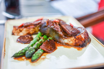 Close-up of meal served on table