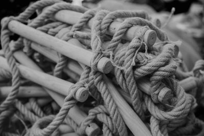 High angle view of ropes tied up on rope