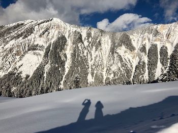 Shadow of people on land against snowcapped mountains