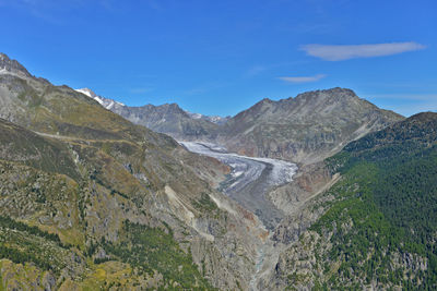 Scenic view of mountains against blue sky