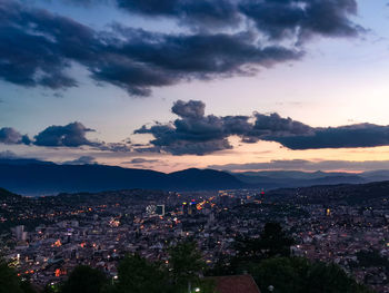 High angle view of townscape against sky during sunset