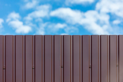 Close-up of metal fence against blue sky