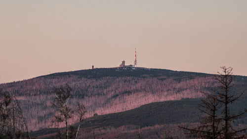 Scenic view of mountains against clear sky during sunset