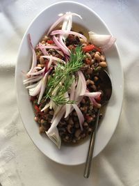 High angle view of salad in bowl on table