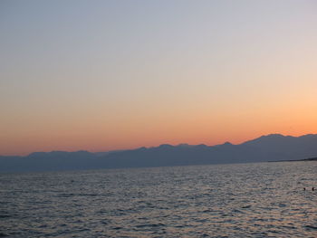 Scenic view of sea against clear sky during sunset