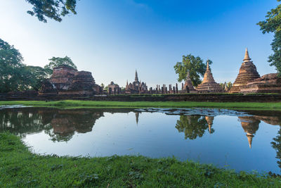 Reflection of temple on water against sky