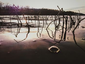 Close-up of water in lake against sky