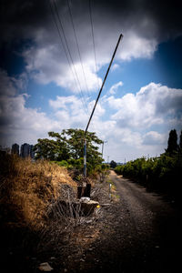 Road by trees on field against sky