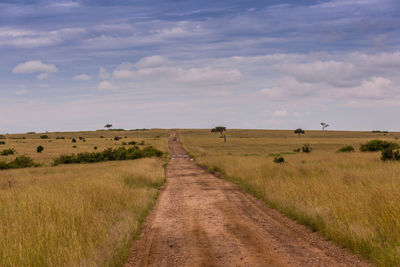 Dirt road amidst field against sky