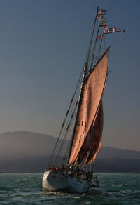 Sailboat sailing on sea against clear sky