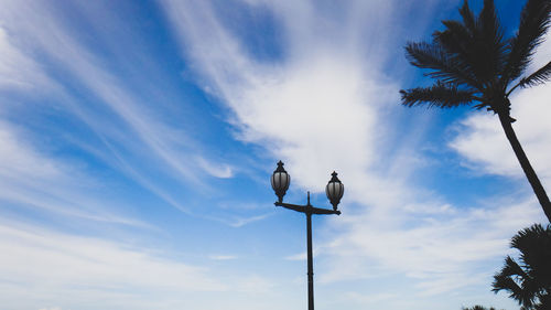 Low angle view of bird perching on street light against sky