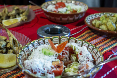 Close-up of food served on table