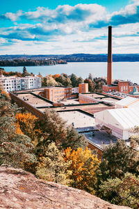 High angle view of townscape of tampere against sky