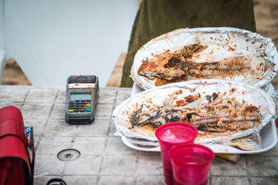 High angle view of ice cream in plate on table