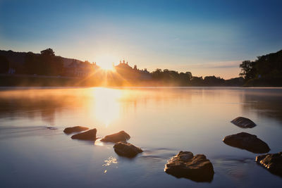 Scenic view of lake against sky during sunset
