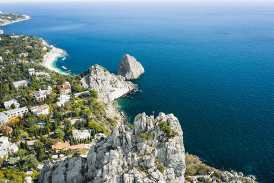 Aerial view on the rock top of cat mountain of simeiz. diva and penea rocks in background. crimea