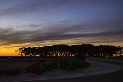 Silhouette trees on landscape against sky during sunset