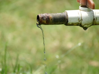 Close-up of water drops on rusty pipe