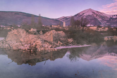 Destroyed view of norcia after the earthquake with snow