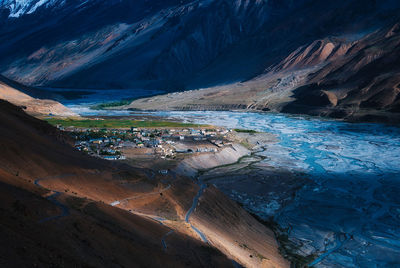 High angle view of rock formations in water