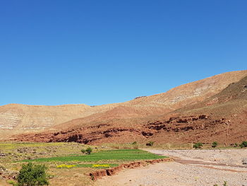 Scenic view of desert against clear blue sky