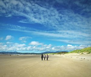 Rear view of people on beach against blue sky