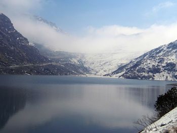 Scenic view of lake against cloudy sky