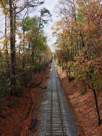 High angle view of railroad track amidst trees on field