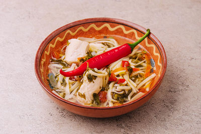 High angle view of food in bowl on table