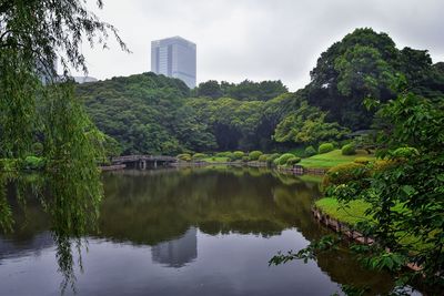 Scenic view of lake by trees and buildings against sky