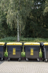 Wheeled garbage cans against trees