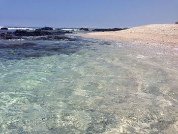 Scenic view of calm sea against clear sky