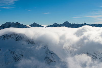 Scenic view of snow covered mountains against sky