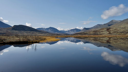 Scenic view of lake and mountains against sky