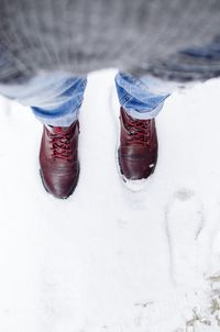 Low section of person standing on snow