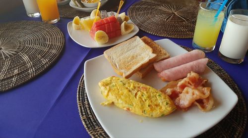 High angle view of breakfast served on table